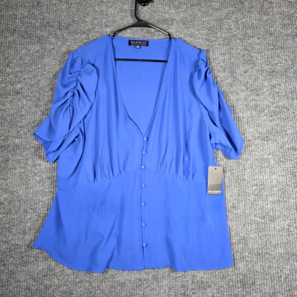 ELOQUII Blue Peplum Blouse Size 20 Puff Sleeve Button Front Plus Size NWT